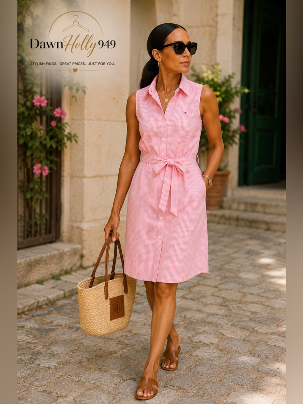 Tommy Hilfiger Pink Gingham Sleeveless Midi Shirt Dress with Waist Tie